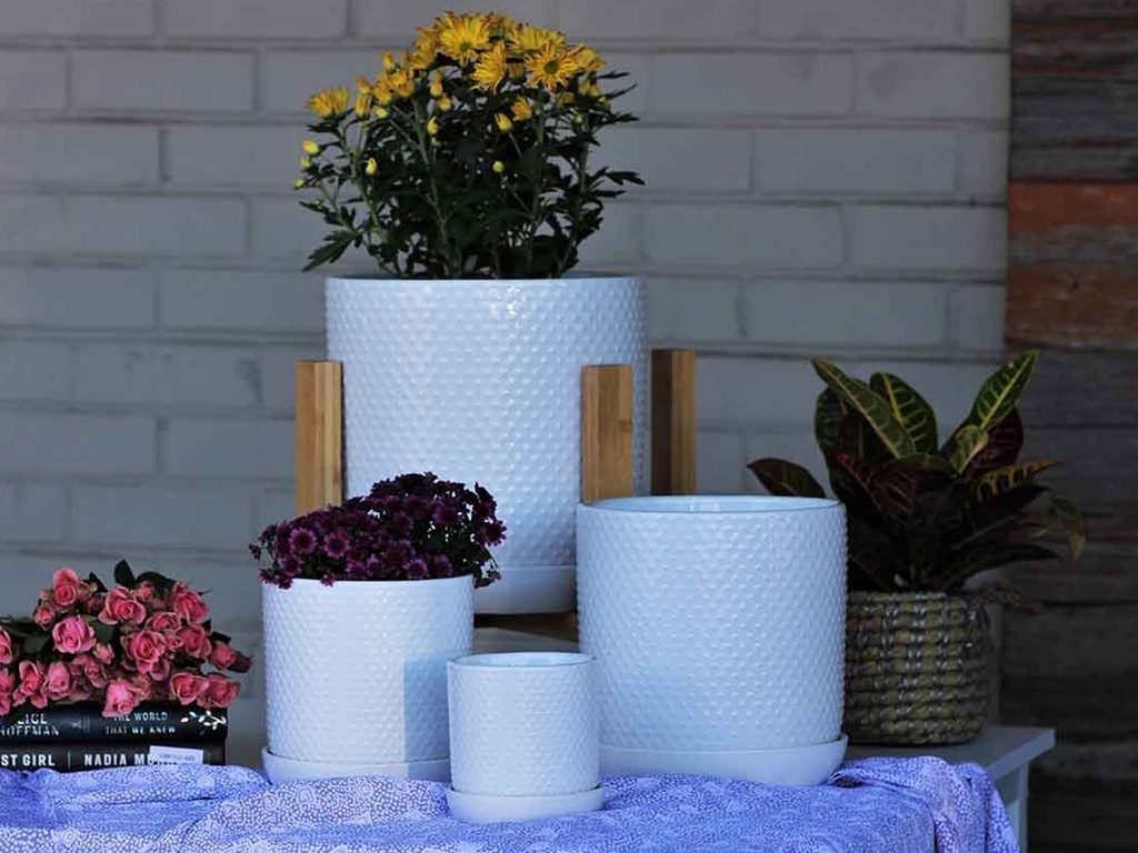 DOTTED CYLINDER PLANTER WITH ATTACHED SAUCER, BRIGHT WHITE, 5.0"x5.5", SOLD IN CASE OF 8