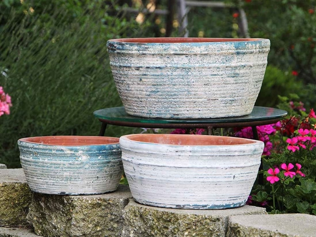 ENGLISH TUMBLED POTS LOW, AEGEAN BLUE, SET OF 3- 15.0" X 7.0", 13.0" X 6.0", 10.0" X 4.5"