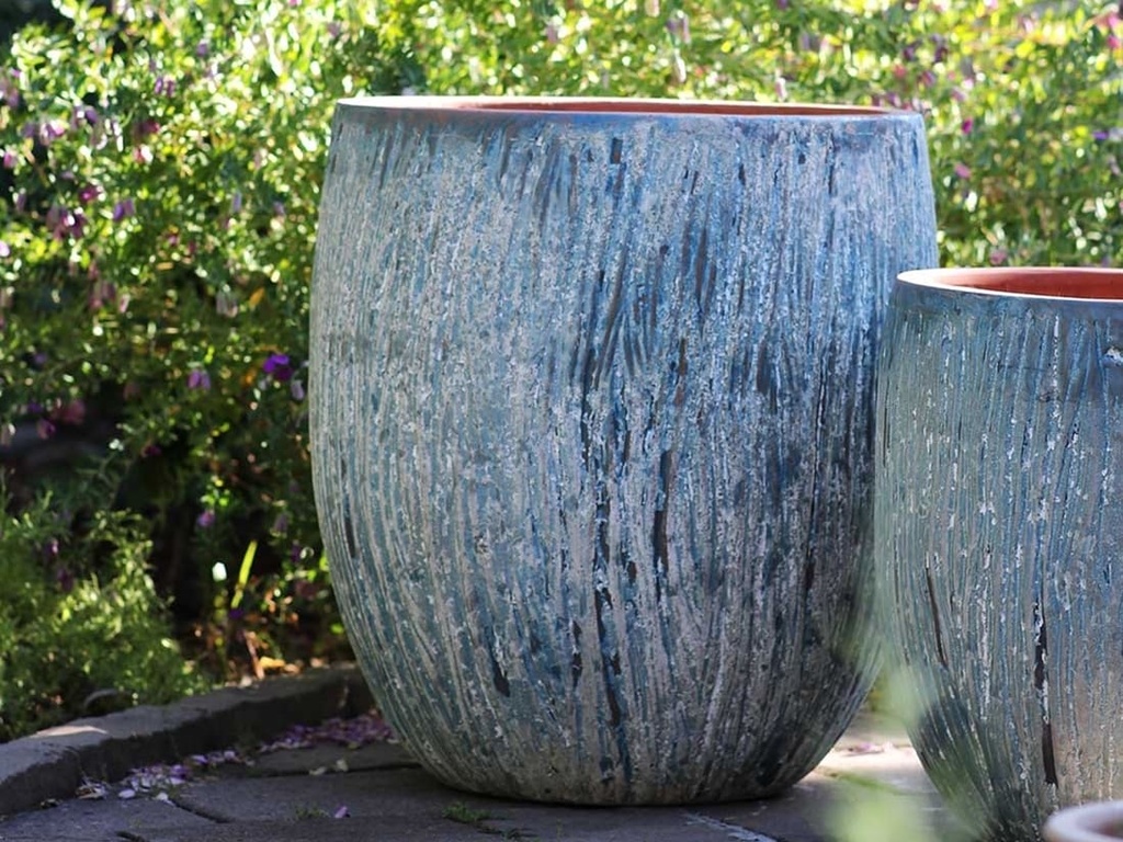 TREE TRUNK PLANTER, AEGEAN BLUE, SET OF 3- 22"X23.5", 17"X18.5", 12.5"X14"