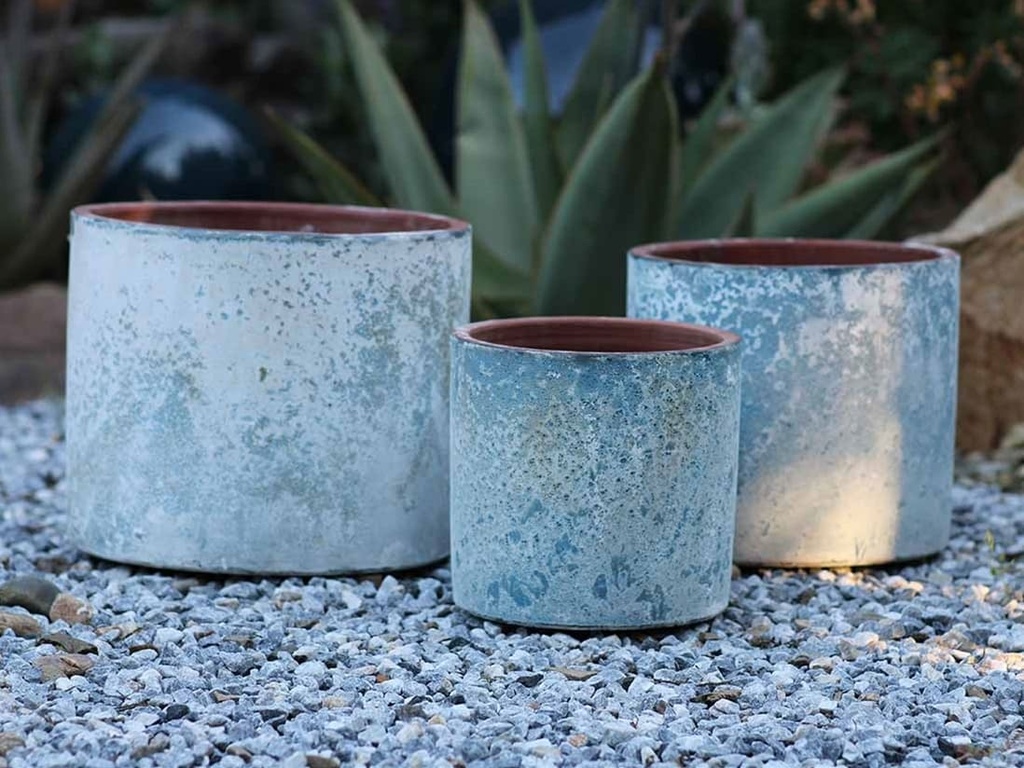 CYLINDER PLANTER,  AEGEAN BLUE, SET OF 4- 12.5" X 10.5", 10.5" X 9.5", 9.5" X 8.0", 7.0" X 6.5"