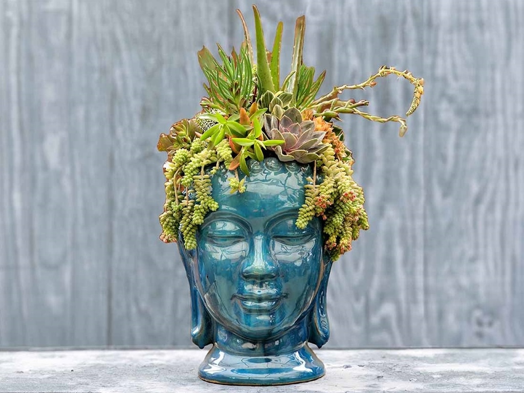 LARGE BUDDHA HEAD PLANTER, FALLING AQUA, SIZE A, 17.5" X24.5"
