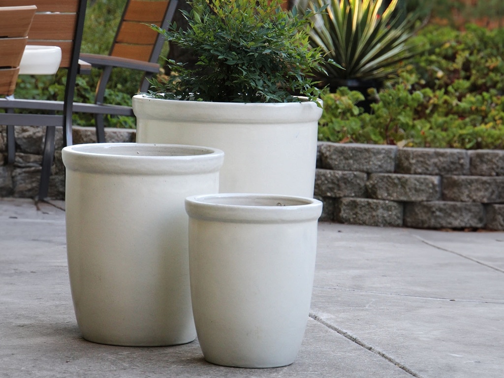 TALL GARDEN POTS, WHITE SATIN, SET OF 4-23.5"X27.0", 19.5"X21.5", 15.5"17.0", 11.5"X13.5"