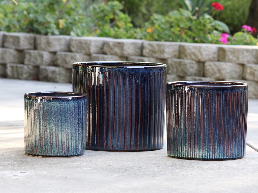PEONY POT, INDIGO SPLASH, SET OF 3,  15"X13.5"  12"X11" 10"X9"