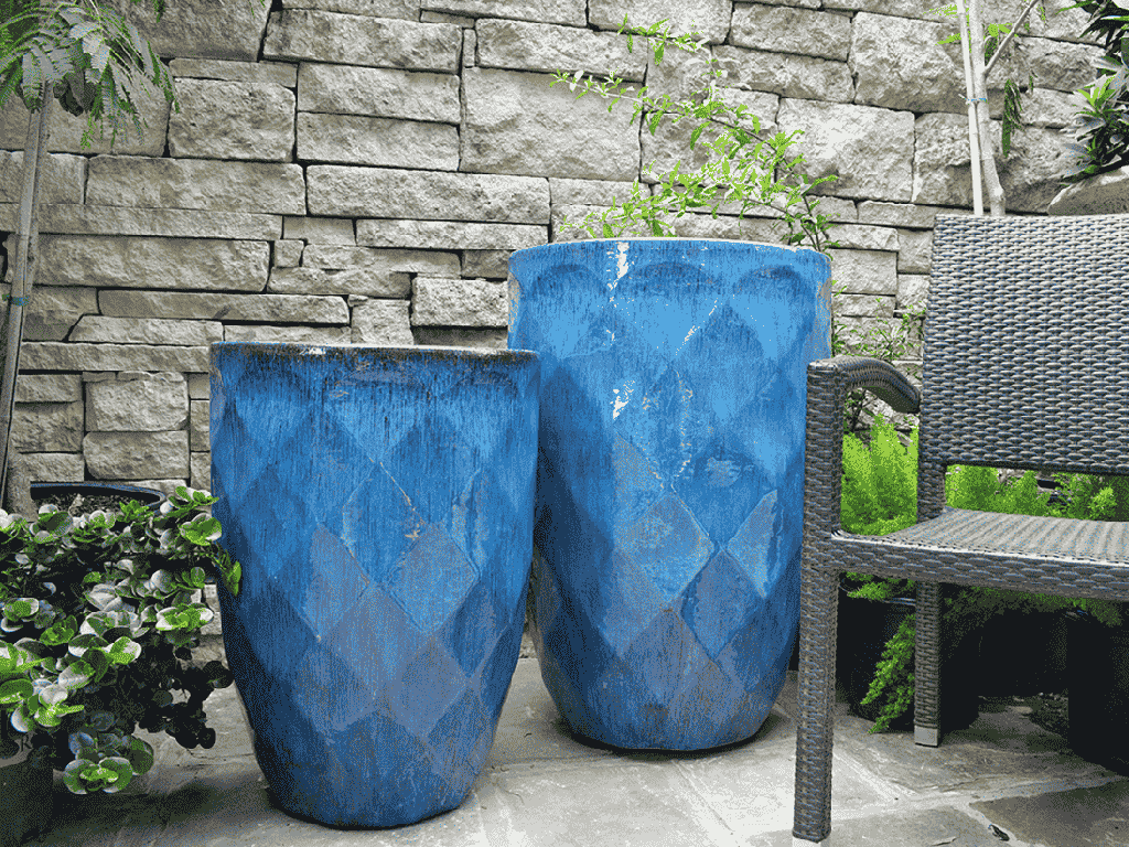 TALL DIAMOND PLANTER, FALLING AQUA, SET OF 2 - 22.0" X 32.5", 18.5" X 25.5"