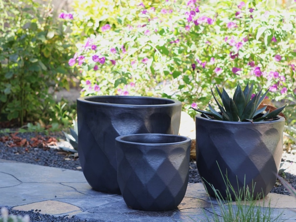 DIAMOND PLANTER, MATTE BLACK, SET OF 3 - 17.5" X 15.0", 14.5" X 13.0", 11.5" X 10.0"