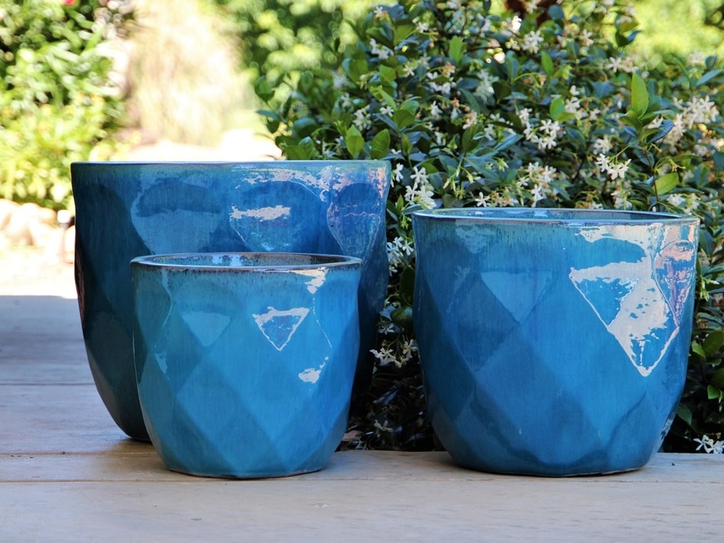 DIAMOND PLANTER, FALLING AQUA, SET OF 3 - 17.5" X 15.0", 14.5" X 13.0", 11.5" X 10.0"