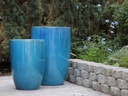 TALL BARREL  PLANTERS, FALLING AQUA, SET OF 2 - 22"X32.5", 18"X26"