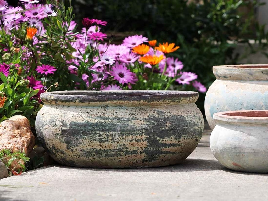 ROUNDED RIM LOW PARCO PLANTER, ATLANTIS SKY, SET OF 3 - 20.5" X 8.5", 15.0" X 7.0", 11.0" X 4.5"