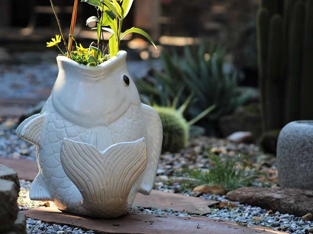 LARGE LEAPING CARP, WHITE NATURE STONE 18"X17"X20"