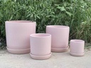 FLUTED CYLINDER PLANTER WITH ATTACHED SAUCER, PASTEL BABY PINK, 11"x11.5", SOLD IN CASE OF 2