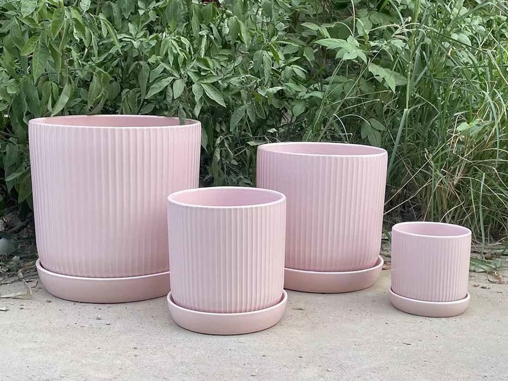 FLUTED CYLINDER PLANTER WITH ATTACHED SAUCER, PASTEL BABY PINK, 7.0"x 7.5", SOLD IN CASE OF 6