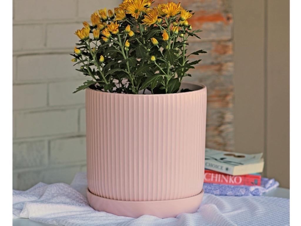 FLUTED CYLINDER PLANTER WITH ATTACHED SAUCER, PASTEL BABY PINK, 5.0"x5.5", SOLD IN CASE OF 8
