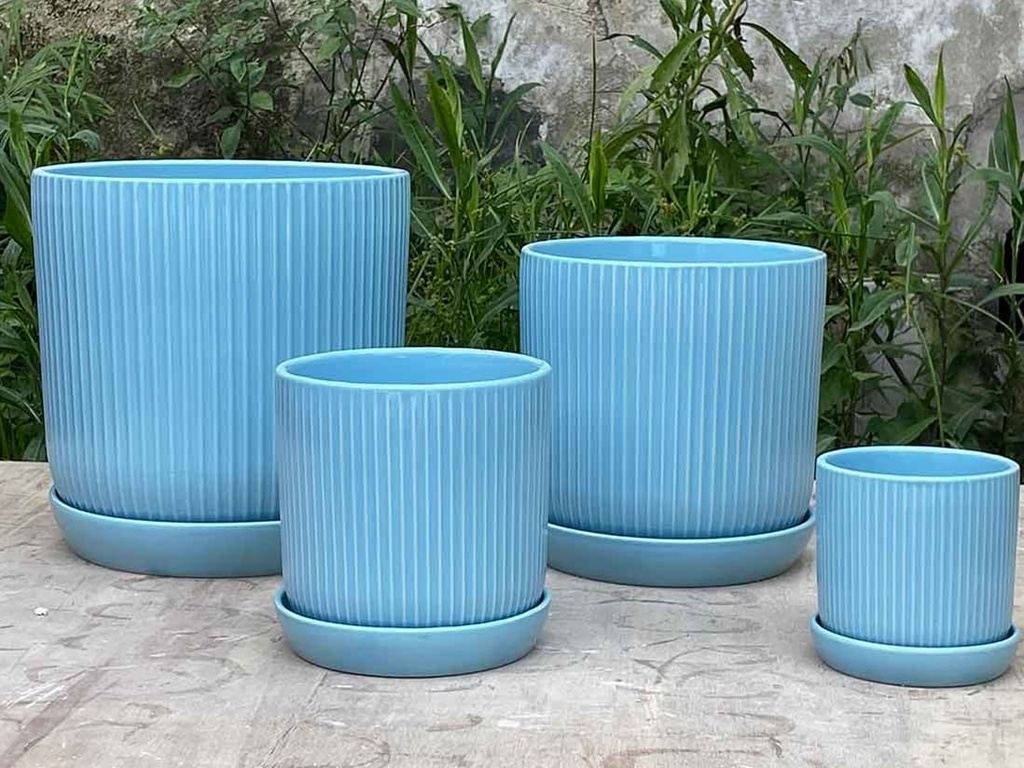 FLUTED CYLINDER PLANTER WITH ATTACHED SAUCER, PASTEL LIGHT BLUE, 11"x11.5", SOLD IN CASE OF 2
