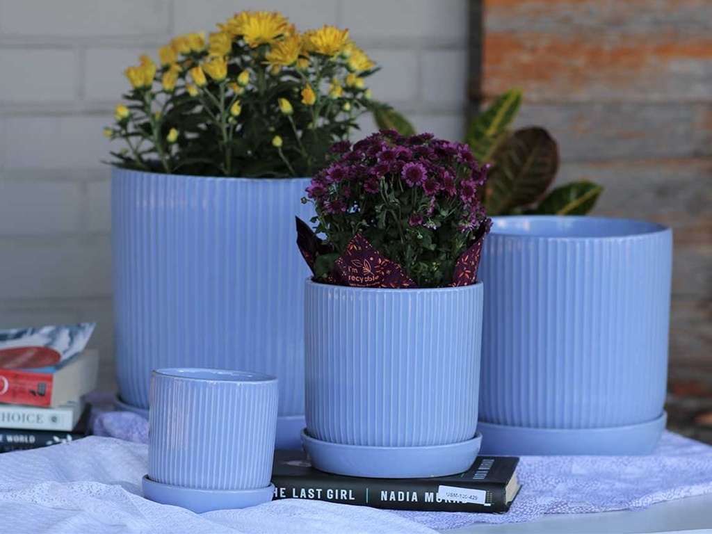 FLUTED CYLINDER PLANTER WITH ATTACHED SAUCER, PASTEL LAVENDER, 9.0"x 9.5", SOLD IN CASE OF 4