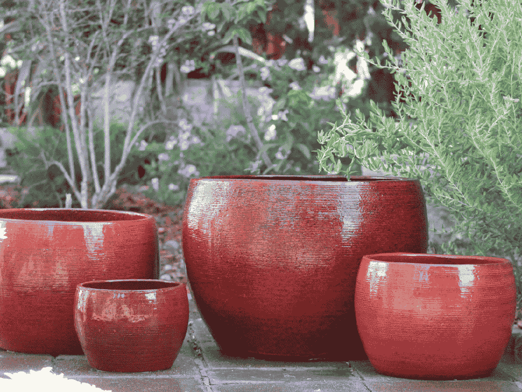 [PY-1702TRD-S4] GOOD EARTH DRUM PLANTER, TROPICAL RED, SET OF 4 -21.5"x15.0", 16.5"x12",13"x9.5",10"x7"