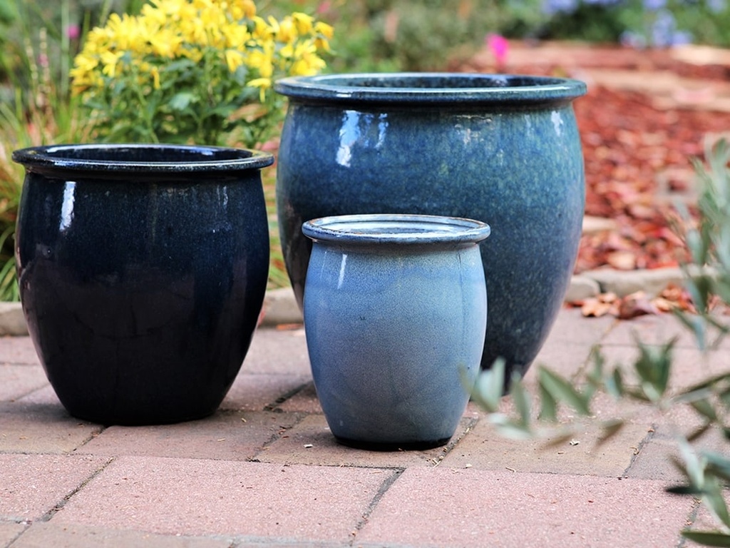 [PY-5250ABL-S3] CLASSIC FISH BOWL PLANTER, AZTEC BLUE, SET OF 3 - 15"x15", 12"x12" ,8"x9"