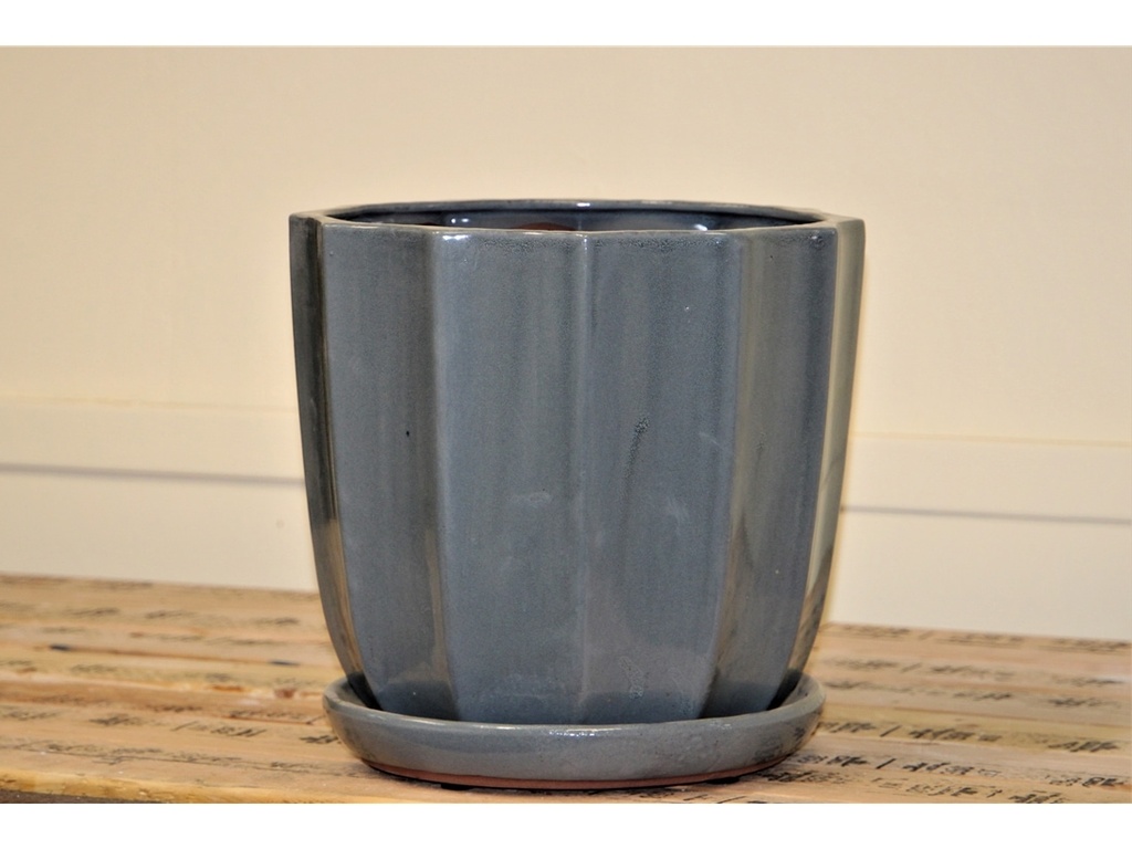 [PY-AS5180GLV-A] CLAMSHELL PLANTR WITH ATTACHED SAUCER, GLOSSY LAVA GREY, 10.5"X10.5"