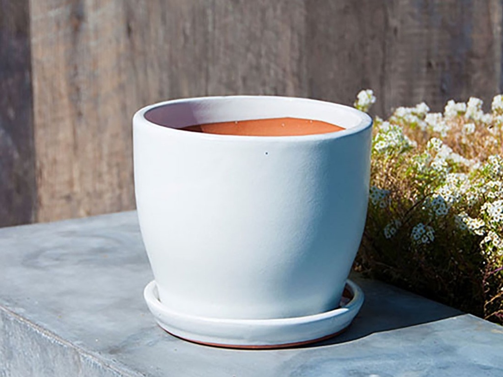 [PY-I1099WSP-A-C4] LILY INDOOR PLANTER WITH ATTACHED SAUCER SIZE A, WHITE SPECKLE, 8.5"x7.5" (SOLD IN CASE OF 4)