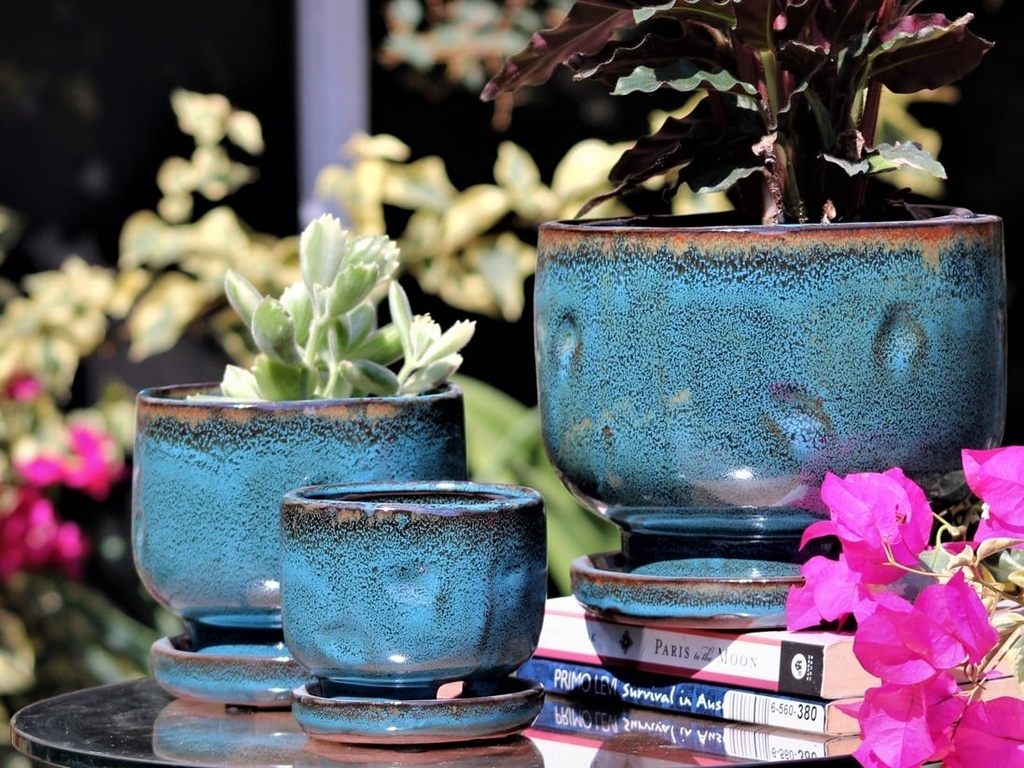 [PY-I1236TQB-B-C6] FINGER POT WITH ATTACHED SAUCERS, TURQUOISE BLUE, SIZE B, 5.5"x5.0"4.5" (SOLD IN CASE OF 6)