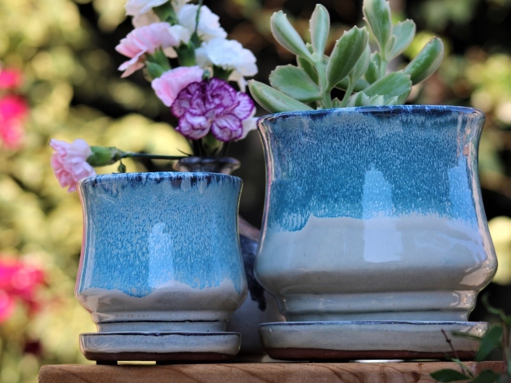 [PY-I1386MBL-A-C4] LILY POT WITH ATTACHED SAUCER, MARBLE, SIZE A, 7.5"X6.5" (SOLD IN CASE OF 4)