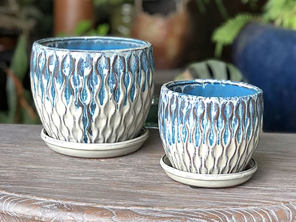 [PY-I1417MBL-A-C4] OAK WOOD FLOWER POT WITH ATTACHED SAUCER, SIZE A, MARBLE, 7.5" x 6.5" (SOLD IN CASE OF 4)