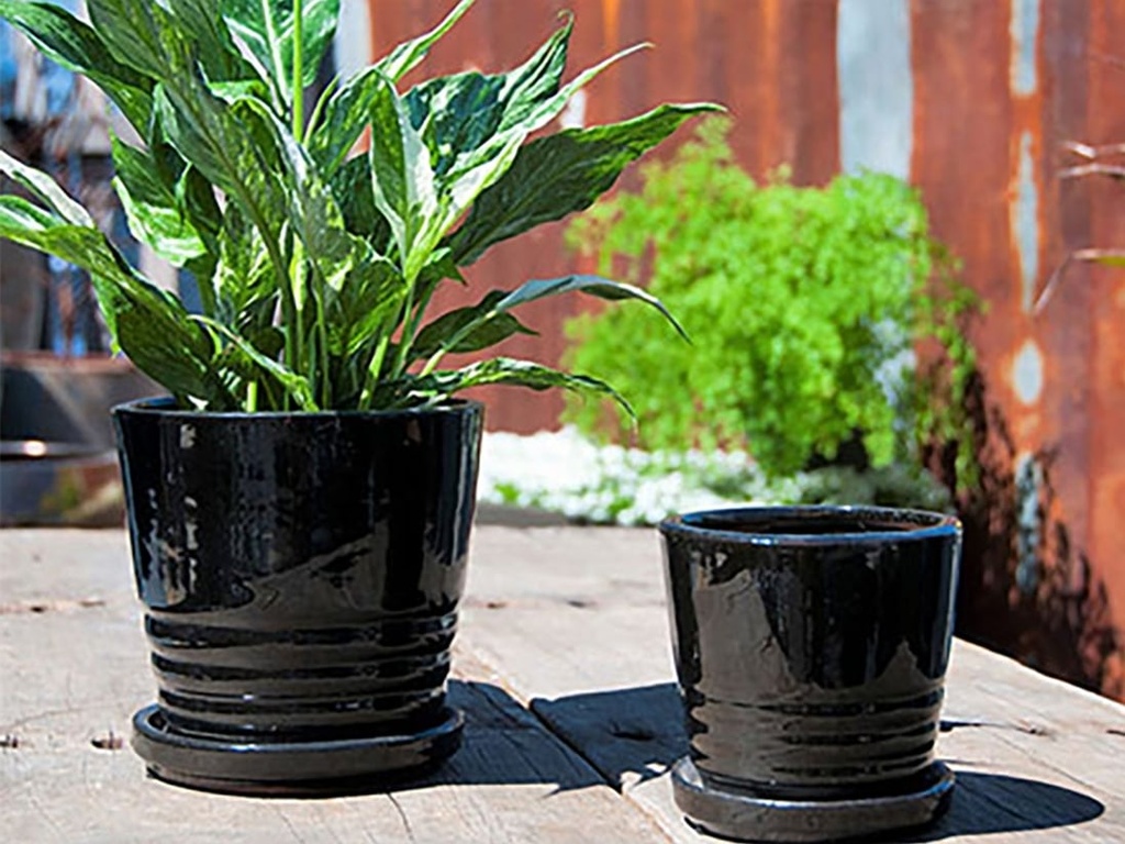 [PY-I5061BLK-B-C6] KONA INDOOR PLANTER WITH ATTACHED SAUCER, BLACK, 5"X4.5" (SOLD IN CASE OF 6)