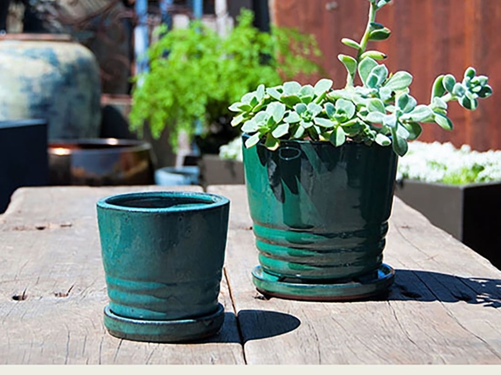 [PY-I5061JDE-A-C4] KONA INDOOR PLANTER WITH ATTACHED SAUCER, JADE, 7.5"X6.5" (SOLD IN CASE OF 4)