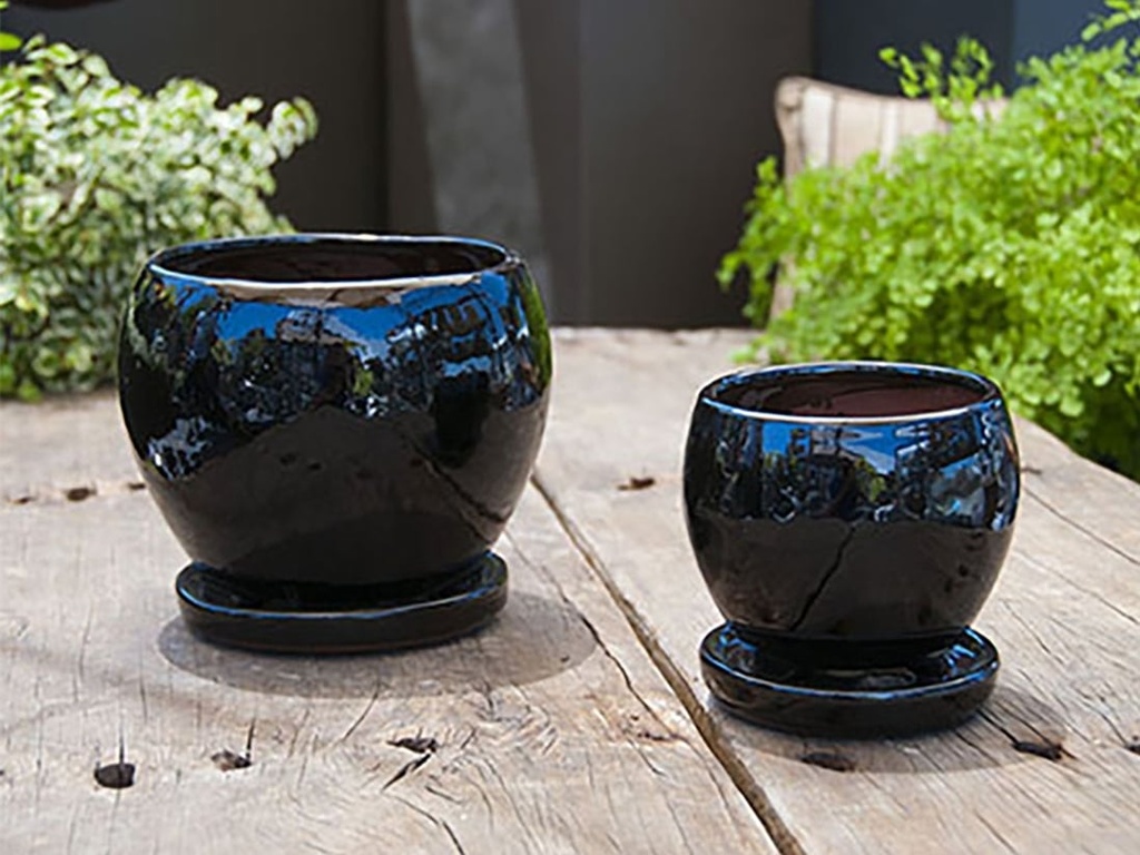 [PY-I5073BLK-A-C4] GERBERA INDOOR PLANTER WITH ATTACHED SAUCER, BLACK, 9"X6" (SOLD IN CASE OF 4)