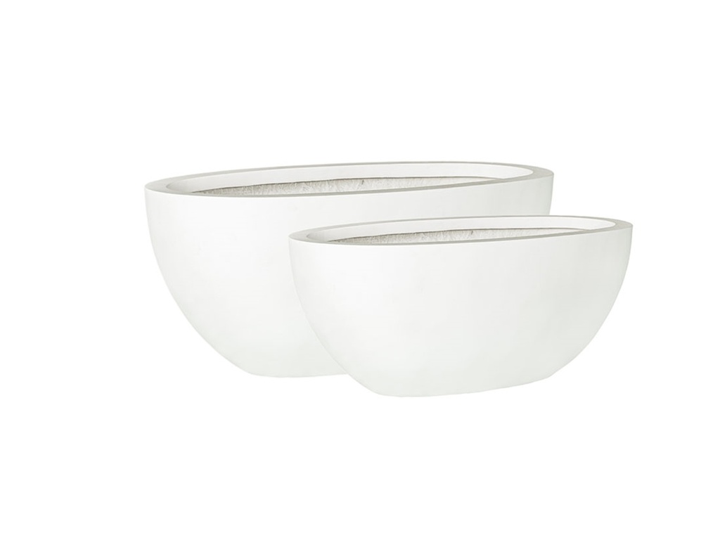LOW OVAL PLANTER, GLOSSY WHITE POLY POLY FIBERS, SET OF 2- 25.5"X12.0"X10.0", 20.0"X9.0"X7.0"