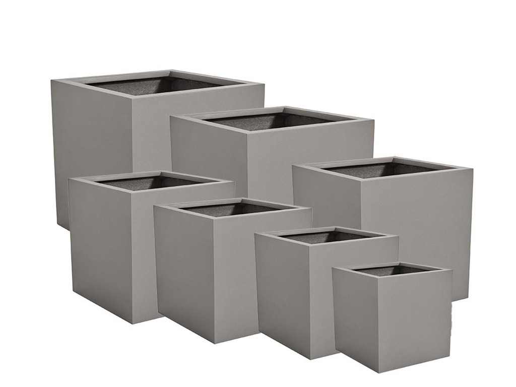 CUBE PLANTER DARK GRAY POLY FIBER, SET OF 7- 35.5"x35.5", 31.5"x31.5", 27.5"x27.5", 23.5"x23.5", 19.5"x19.5", 15.5"x15.5", 12"x12"
