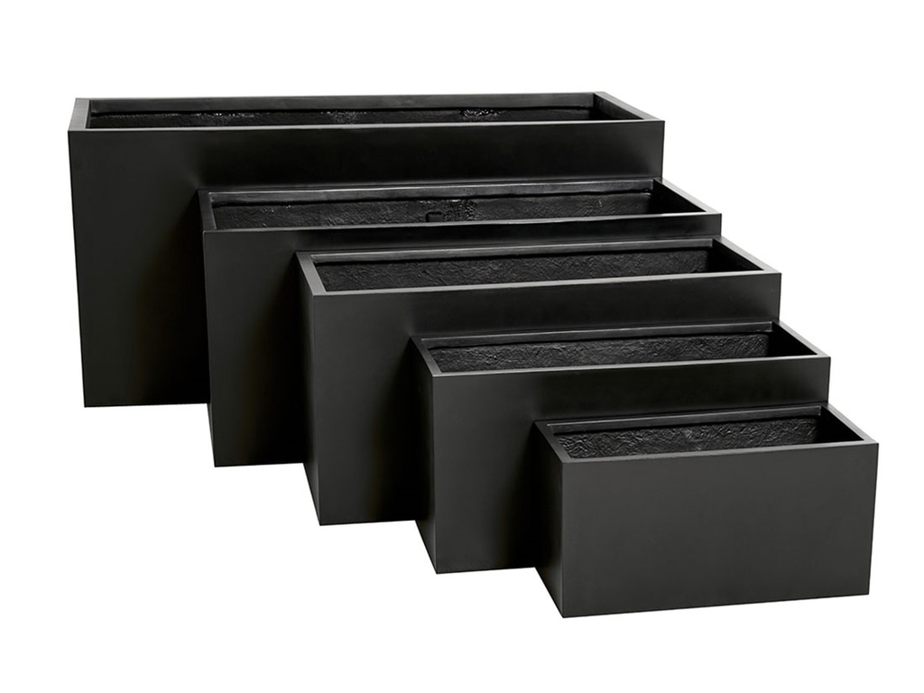 RECTANGULAR BOX PLANTER BLACK POLY FIBERS, SET OF 5- 59"x24.5"x27.5", 47"x19.5"x21.5", 39.5"x15.5"x19.5", 31.5"x12"x15.5" ,23.5"x10"x12"