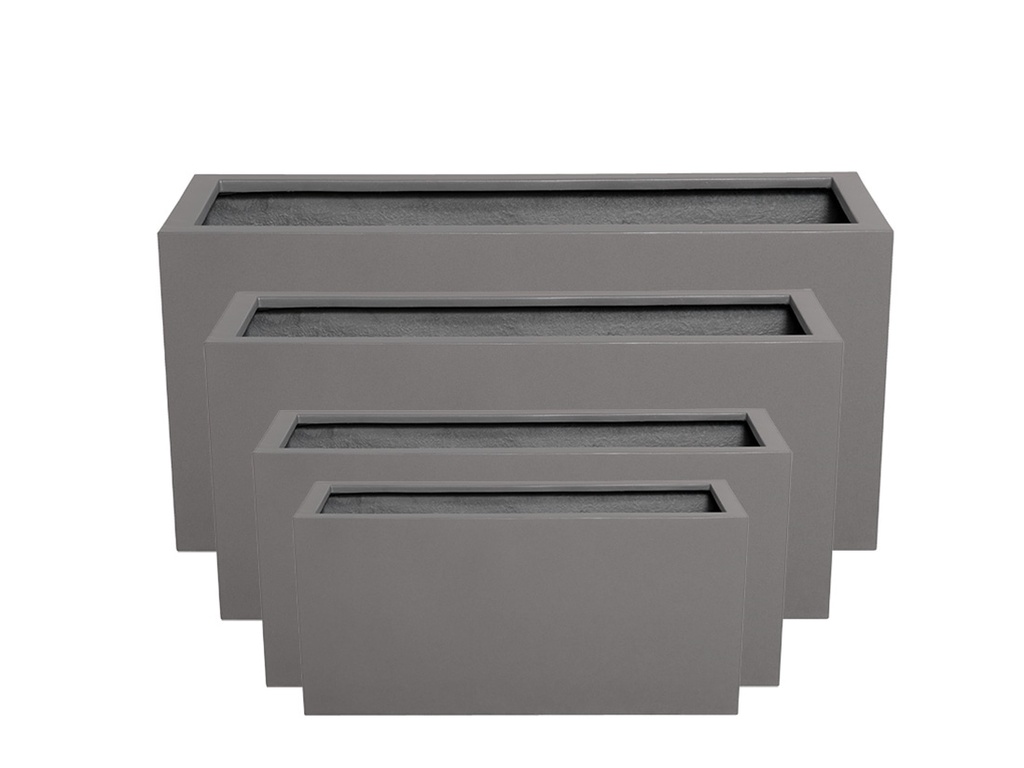RECTANGULAR BOX PLANTER  DARK GREY POLY FIBERS, SET OF 4- 47"x19.5"x21.5", 39.5"x15.5"x19.5", 31.5"x12"x15.5", 23.5"x10"x12"