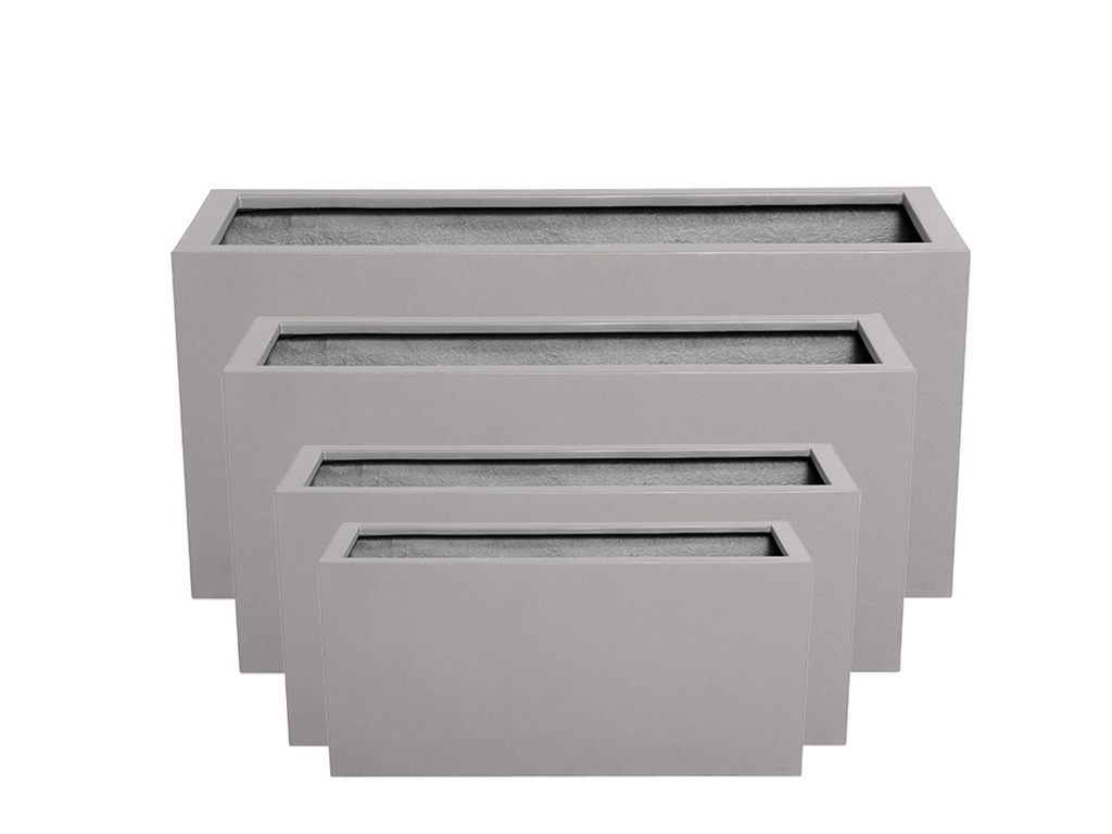 RECTANGULAR BOX PLANTER  LIGHT GREY POLY  FIBERS, SET OF 4- 47"x19.5"x21.5", 39.5"x15.5"x19.5", 31.5"x12"x15.5", 23.5"x10"x12"