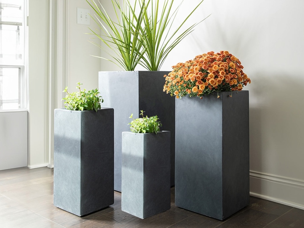 [FG-3003ESG-S4] TALL SQUARE PLANTER, ECOSTONE GREY, SET OF 4- 15.5"x15.5"x31.5", 13.5"x13.5"x27.5", 11"x11"x23.5", 9"x9"x19.5"