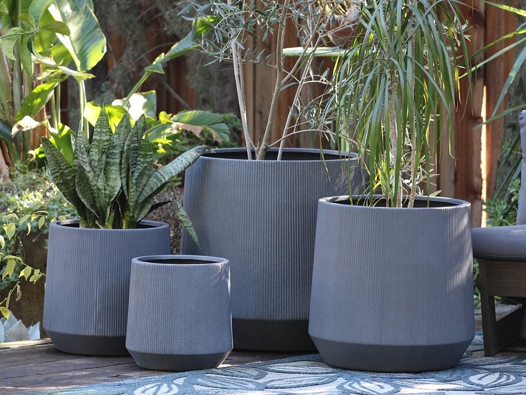 CORRUAGTED RAIDUS PLANTER, ECOSTONE GREY, SET OF 4- 22.5"X21.5", 18.5"X17.5", 14.5"X14", 12'X11.5'