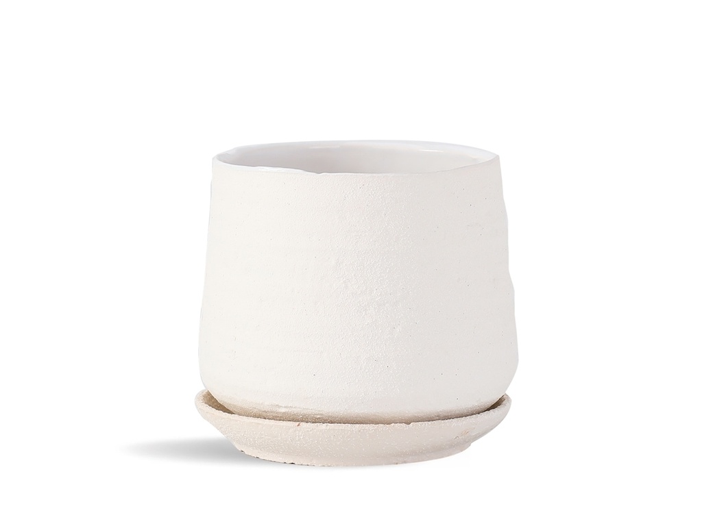 [IP-DA2250SMW-A-C2] HAND ROLLED POT WITH ATTACHED SAUCER, SAND MILKY WHITE, 8.0"X7.5", CASE OF 2