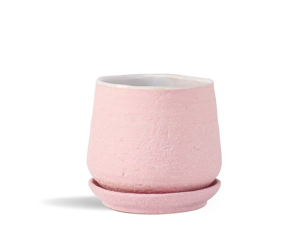 [IP-DA2250SPK-B-C4] HAND ROLLED POT WITH ATTACHED SAUCER, SAND PINK, 6.5"X6.5", CASE OF 4