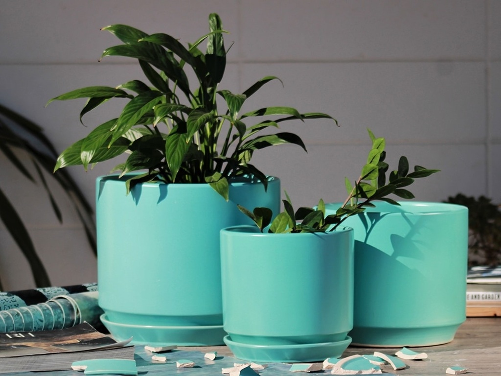 [PC-A3306AMS-S3] LARGE COMET PLANTER  WITH ATTACHED SAUCER, AQUAMARINE SATIN, SET OF 3- 12"X10" 10"X8.5" 8"X8"
