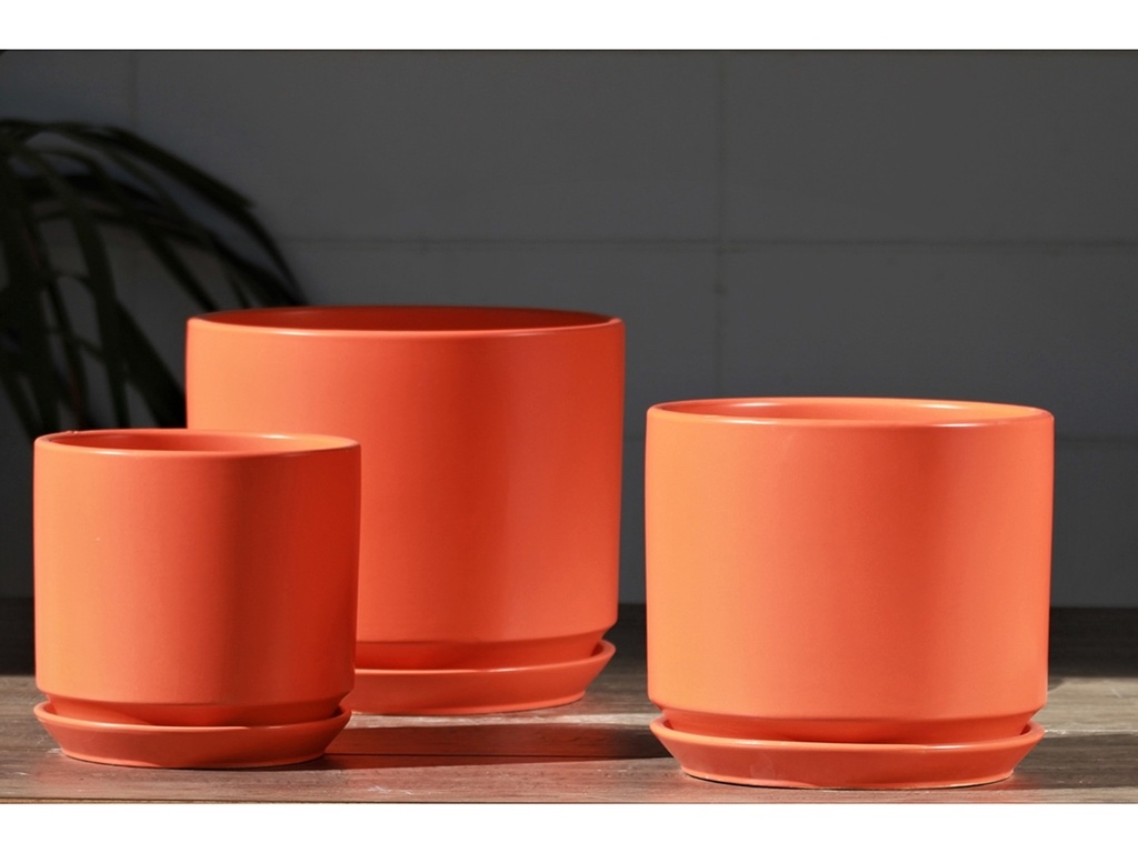 [PC-A3306APS-S3] LARGE COMET PLANTER  WITH ATTACHED SAUCER, APRICOT SATIN, SET OF 3- 12"X10" 10"X8.5" 8"X8"