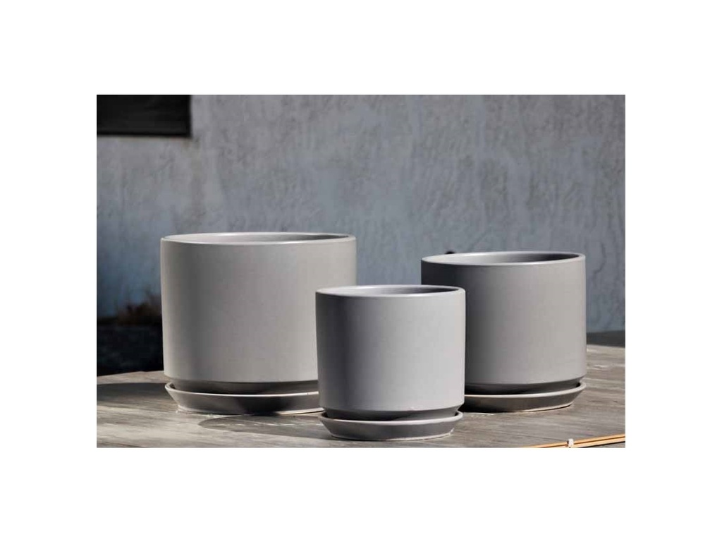 [PC-A3306JGY-S3] LARGE COMET PLANTER  WITH ATTACHED SAUCER,  JET CLAY, SET OF 3- 12"X10" 10"X8.5" 8"X8"