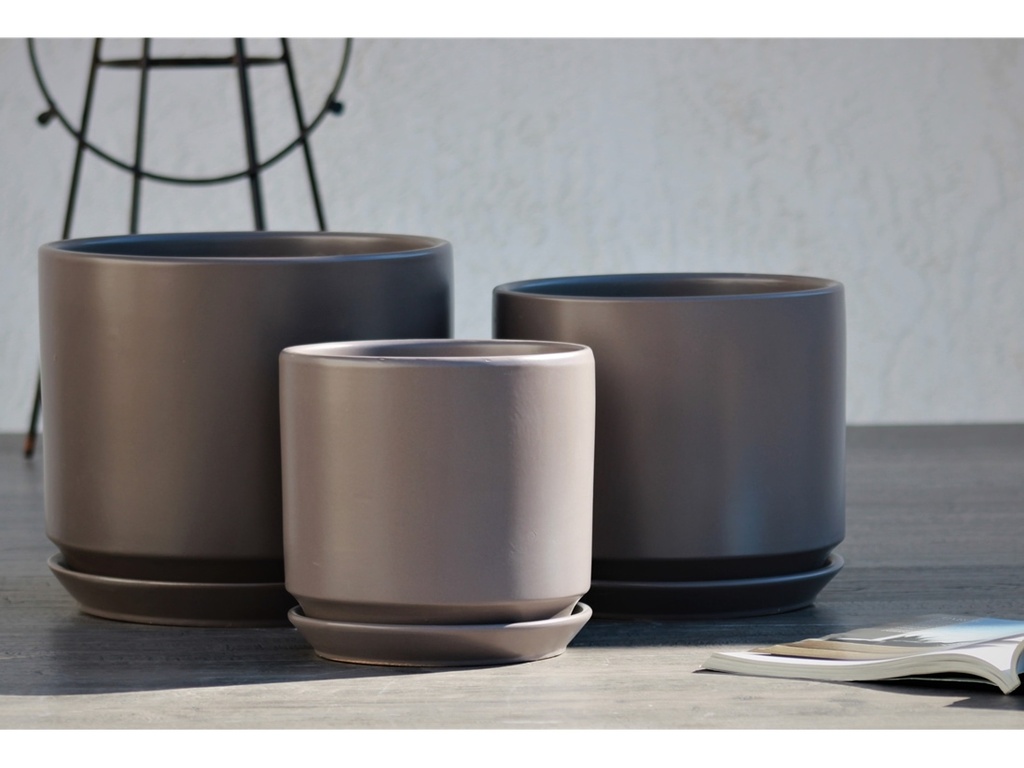 [PC-A3306PTP-S3] LARGE COMET PLANTER WITH ATTACHED SAUCER, PASTEL TAUPE, SET OF 3- 12"X10" 10"X8.5" 8"X8"