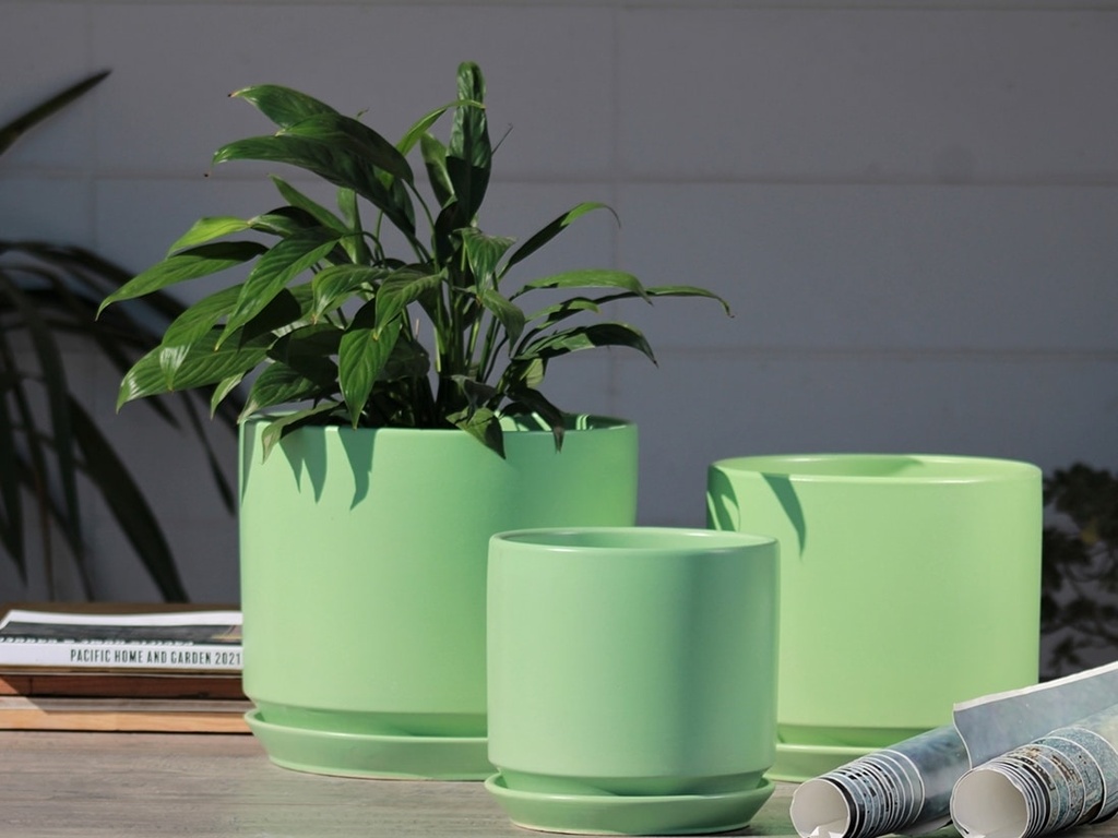 [PC-A3306TGS-S3] LARGE COMET PLANTER  WITH ATTACHED SAUCER, TEA GREEN SATIN, SET OF 3- 12"X10" 10"X8.5" 8"X8"