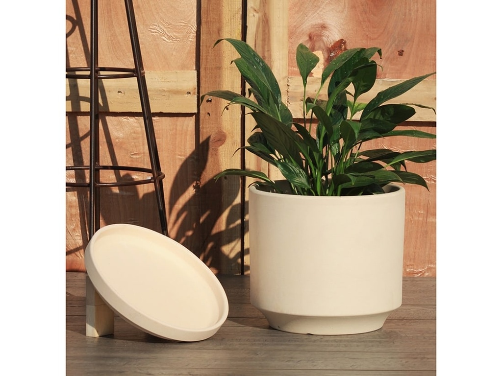 [PC-D3250ICL-D] MID MODERN PLANTER WITH DETACHED SAUCER, IVORY CLAY, 10.0"X9.0", 10.0"X2.0"