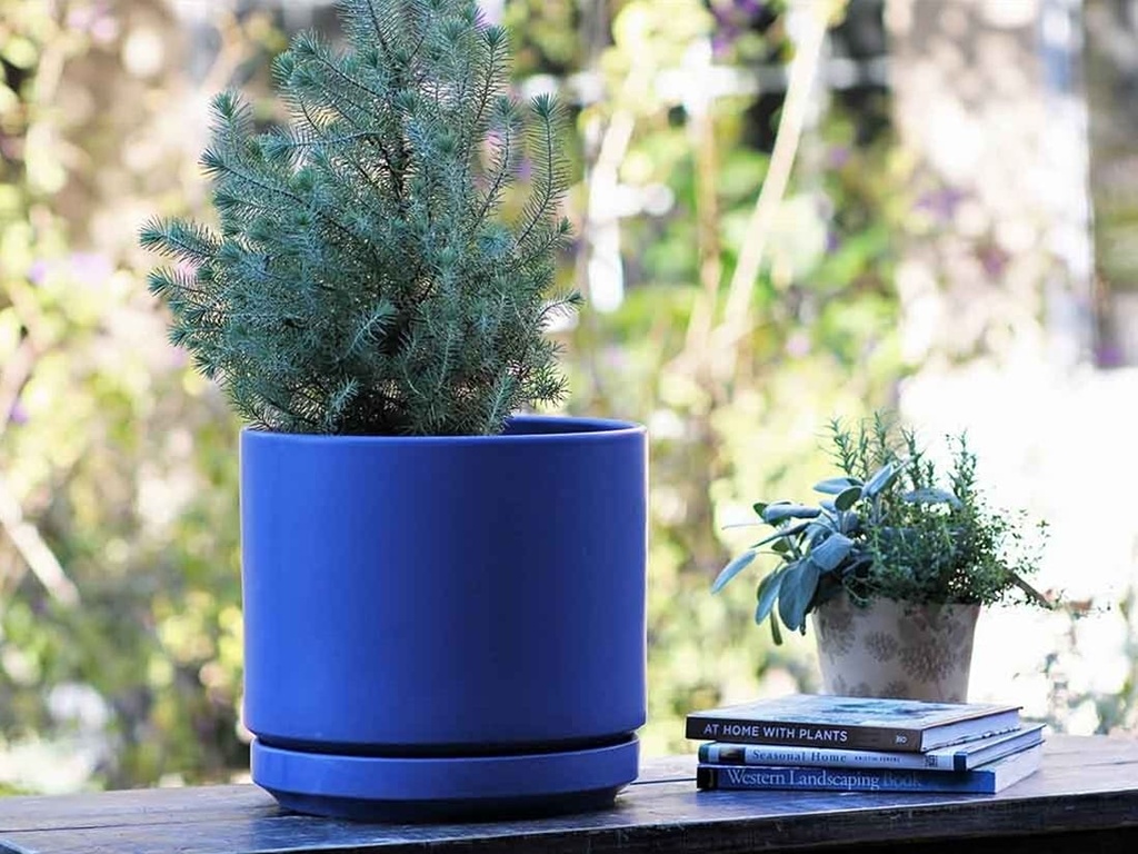 [PC-D3250NBS-B] MID MODERN PLANTER WITH DETACHED SAUCER, NAVY BLUE  SATIN, 14.0"X12.0", 14.0"X2.5"