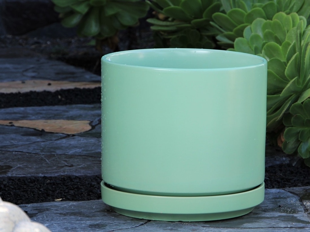 [PC-D3250TGS-B] MID MODERN PLANTER WITH DETACHED SAUCER,  TEA GREEN SATIN, 14.0"X12.0", 14.0"X2.5"