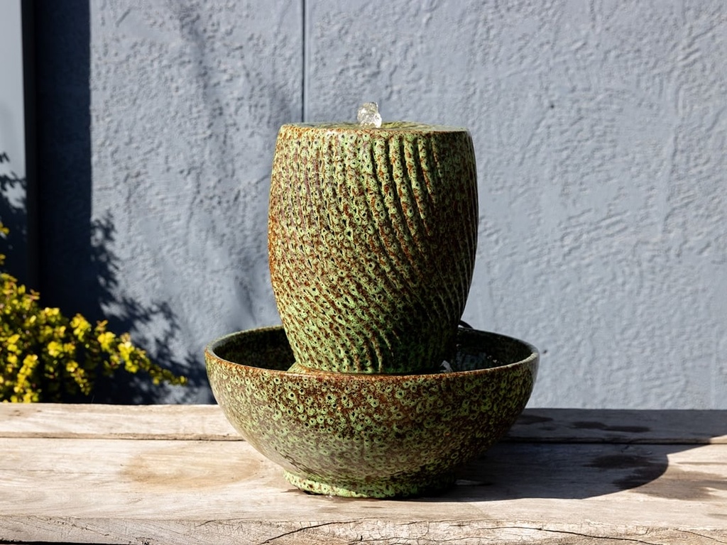 [PC-FTN12PKG] SUNSET TWIST JAR FOUNTAIN, PEAKCOCK GREEN, 10.5"x13" (Base 17.5"x7.5")
