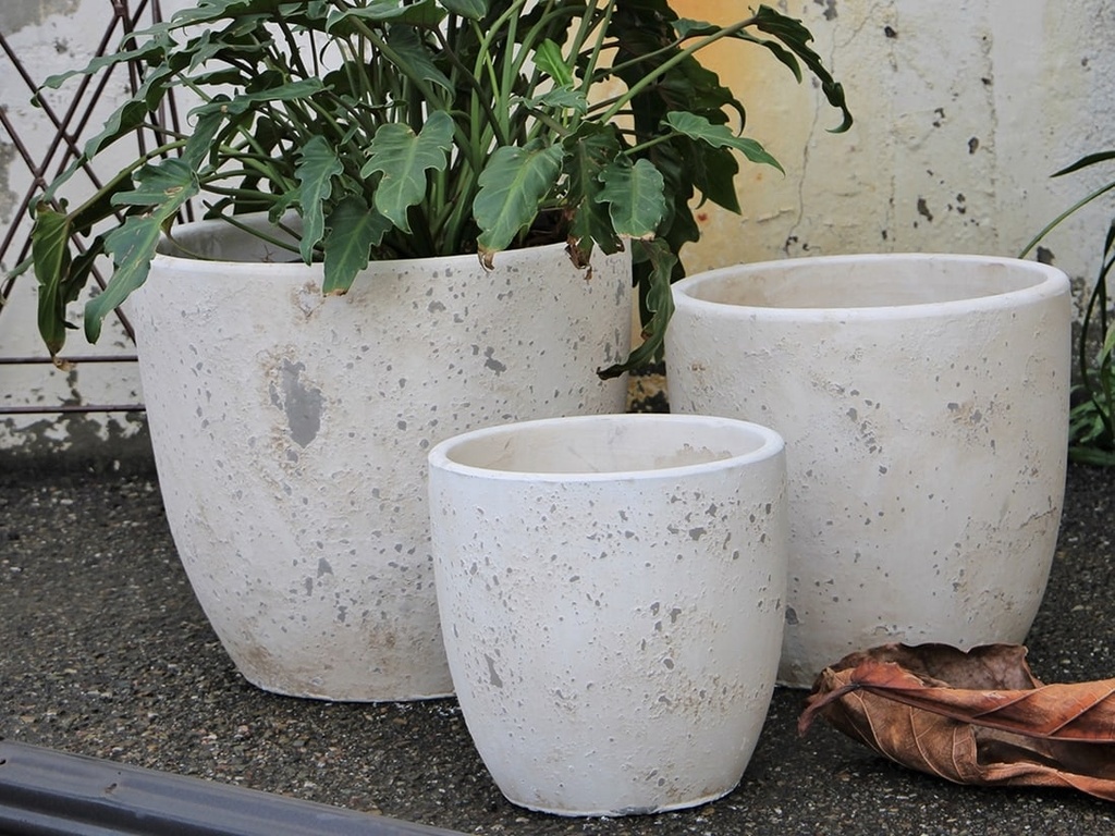 [PD-5007AGW-S3] CAMILIA PLANTER, AEGEAN WHITE, SET OF 3- 15"X13.5", 12"X12", 10"X9"