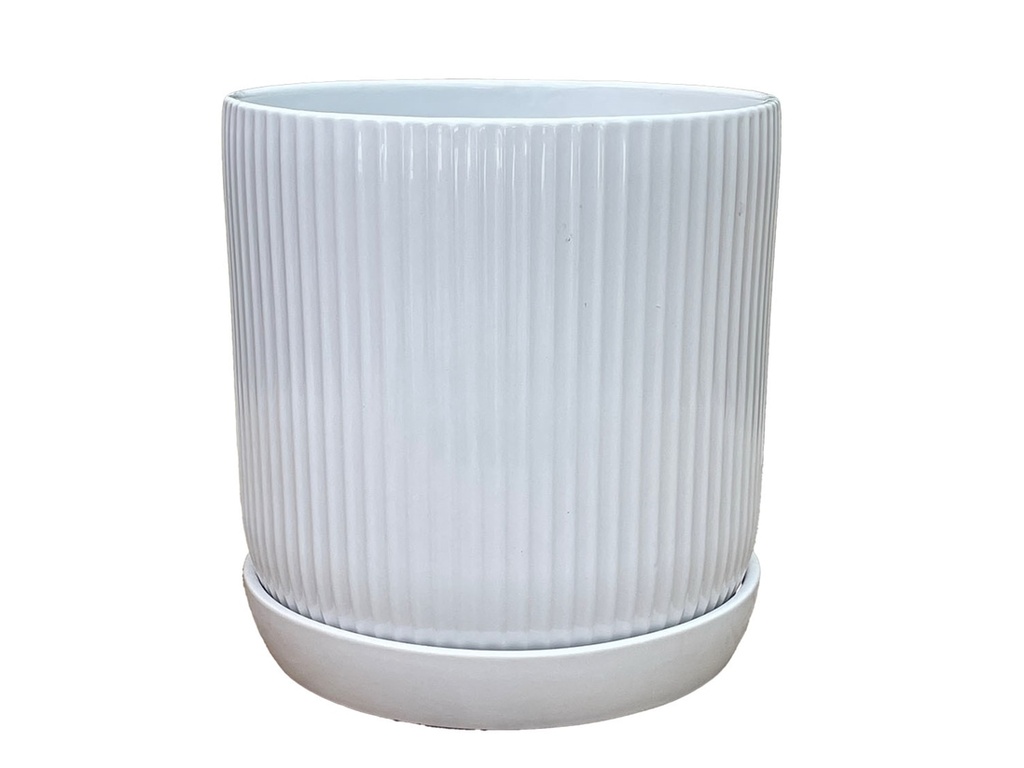 [PD-I6087BWH-B-C4] FLUTED CYLINDER PLANTER WITH ATTACHED SAUCER, BRIGHT WHITE, 9.0"x 9.5", SOLD IN CASE OF 4