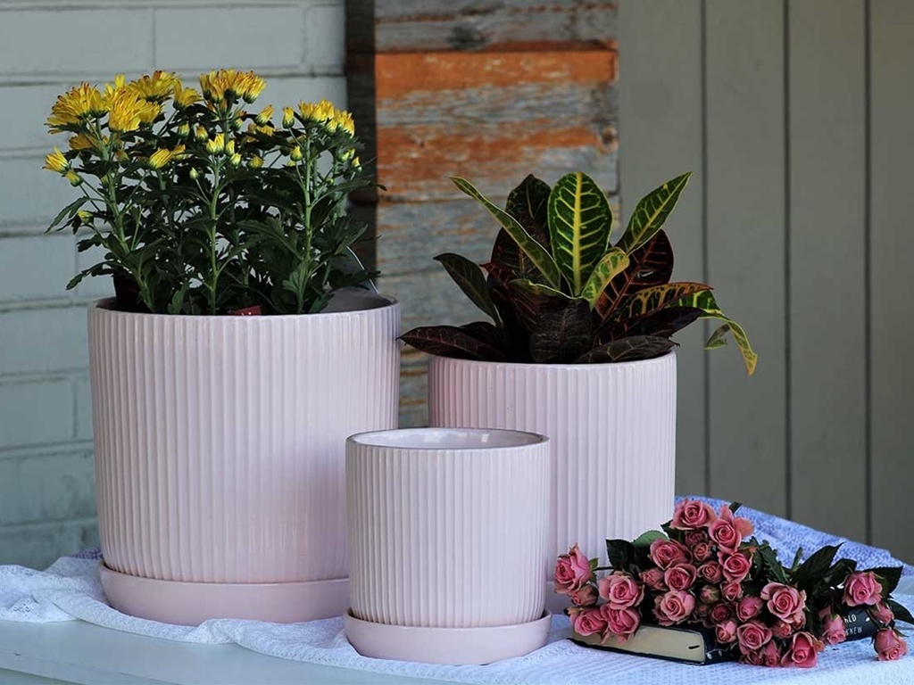 [PD-I6087PBP-A-C2] FLUTED CYLINDER PLANTER WITH ATTACHED SAUCER, PASTEL BABY PINK, 11"x11.5", SOLD IN CASE OF 2