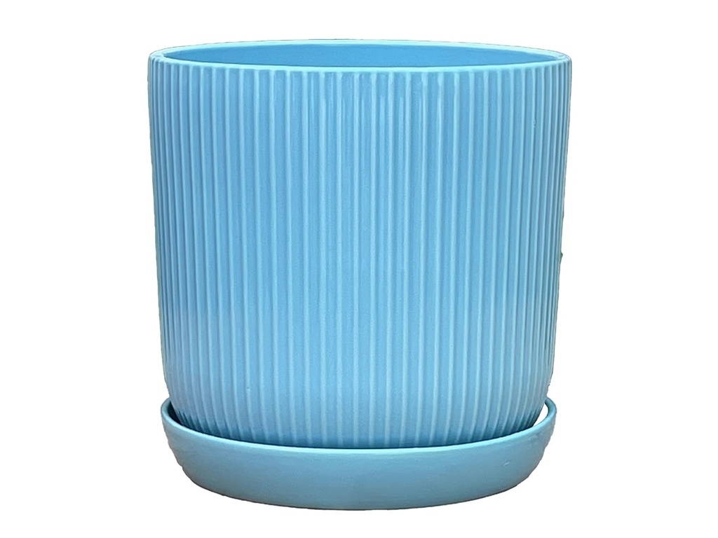 [PD-I6087PLB-C-C6] FLUTED CYLINDER PLANTER WITH ATTACHED SAUCER, PASTEL LIGHT BLUE, 7.0"x 7.5", SOLD IN CASE OF 6